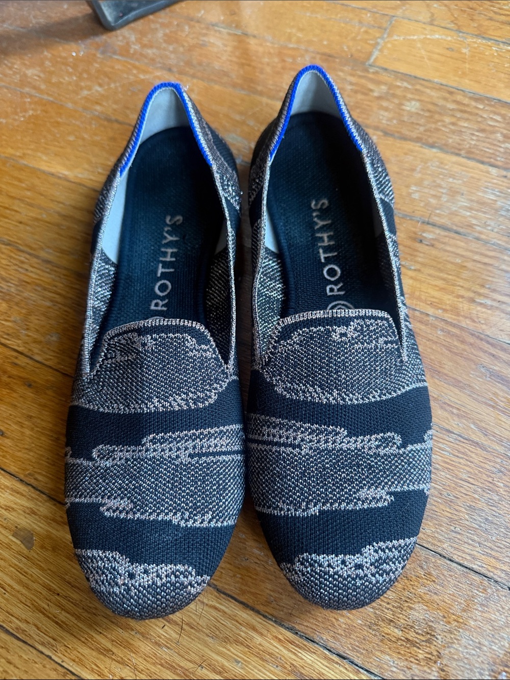Rothy's Black and Tan Knit Slip-On Loafers